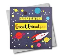 Claire Giles Greeting Cards, Happy Birthday Great Grandson Card, Rocket and Stars Design Birthday Greeting Card, Text Foiled in Shiny Gold