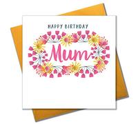 Claire Giles Greeting Cards, Happy Birthday Mum Card, Flowers Design Greeting Card for Mother, Embellished with Colourful Pompoms