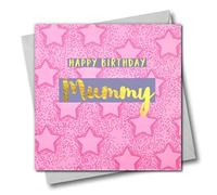 Claire Giles Greeting Cards, Happy Birthday Mummy Card, Mum Pink Stars Greeting Card, Text Foiled in Shiny Gold
