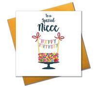 Claire Giles Greeting Cards, Happy Birthday Niece Card, Cake Design Birthday Greeting Card, Embellished with Colourful Pompoms