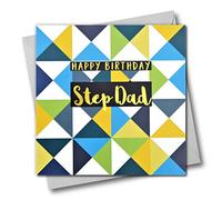 Claire Giles Greeting Cards, Happy Birthday Step Dad Card, Triangles Design Birthday Greeting Card, Text Foiled in Shiny Gold