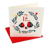 Claire Giles Greeting Cards, Happy Christmas Baby Card, Robin Family Design Xmas Greeting Card for Baby's First Christmas, Embellished with Colourful Pompoms