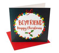 Claire Giles Greeting Cards, Happy Christmas Boyfriend Card, Navy Bauble Design Xmas Card, Embellished with Colourful Pompoms