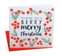 Claire Giles Greeting Cards, Happy Christmas Card, Berries and Pine Needles Design, Wishing You a Berry Xmas, Embellished with Colourful Pompoms