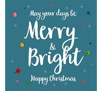 Claire Giles Greeting Cards, Happy Christmas Card, Blue, Merry & Bright Design Xmas Greeting Card, Embellished with Colourful Pompoms