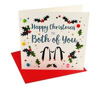 Claire Giles Greeting Cards, Happy Christmas Card, Both of You, Two Penguins Design Xmas Greeting Card, Embellished with Colourful Pompoms
