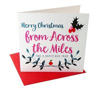 Claire Giles Greeting Cards, Happy Christmas Card, from Across The Miles, Laurel Design Xmas Greeting Card, Embellished with Colourful Pompoms