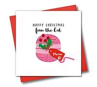 Claire Giles Greeting Cards, Happy Christmas Card from The Cat, Ball of Pink String Xmas Greeting Card, Embellished with Colourful Pompoms