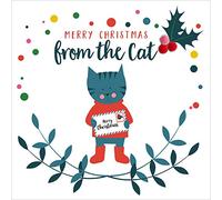 Claire Giles Greeting Cards, Happy Christmas Card, from The Cat, Laurel Design Xmas Greeting Card, Embellished with Colourful Pompoms
