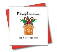 Claire Giles Greeting Cards, Happy Christmas Card, Gingerbread House Design Xmas Greeting Card, Embellished with Colourful Pompoms