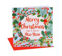 Claire Giles Greeting Cards, Happy Christmas Card, Holly and Berry Wreath Design Xmas Greeting Card, Embellished with Colourful Pompoms