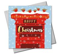 Claire Giles Greeting Cards, Happy Christmas Card, Robins on a Postbox design xmas Greeting Card, Text Foiled in Shiny Gold