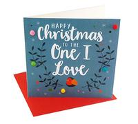 Claire Giles Greeting Cards, Happy Christmas Card, The One I Love, Laurel Design Xmas Greeting Card, Embellished with Colourful Pompoms