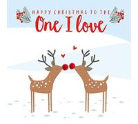 Claire Giles Greeting Cards, Happy Christmas Card, To The One I Love, Kissing reindeers design xmas Greeting Card, Embellished with Colourful Pompoms