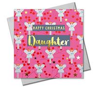 Claire Giles Greeting Cards, Happy Christmas Daughter Card, Fairies on Pink design Christmas Greeting Card, Text Foiled in Shiny Gold