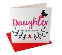 Claire Giles Greeting Cards, Happy Christmas Daughter Card, Laurel and Berry Design Xmas Greeting Card, Embellished with Colourful Pompoms