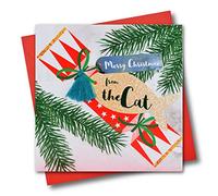 Claire Giles Greeting Cards, Happy Christmas From the Cat Card, Cracker and Fish Tag design xmas Greeting Card, Embellished with a Colourful Tassel
