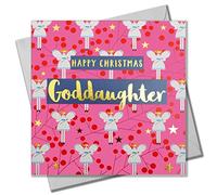 Claire Giles Greeting Cards, Happy Christmas Goddaughter Card, Fairies on Pink design xmas Greeting Card, Text Foiled in Shiny Gold