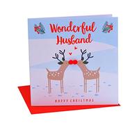 Claire Giles Greeting Cards, Happy Christmas Husband Card, Kissing reindeers design xmas Greeting Card, Embellished with Colourful Pompoms