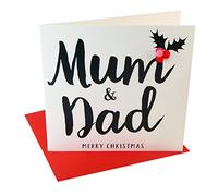 Claire Giles Greeting Cards, Happy Christmas Mum and Dad Card, Holly Design Xmas Greeting Card, Embellished with Colourful Pompoms