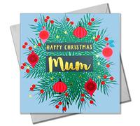 Claire Giles Greeting Cards, Happy Christmas Mum Card, Wreath and Baubles design xmas Greeting Card, Text Foiled in Shiny Gold