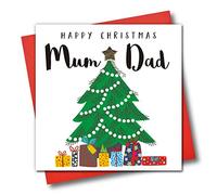 Claire Giles Greeting Cards, Happy Christmas Mum & Dad Card, Christmas Tree and Presents Design Xmas Greeting Card, Embellished with a Padded Star