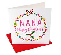 Claire Giles Greeting Cards, Happy Christmas Nana Card, Bauble design xmas Greeting Card, Embellished with colourful Pompoms