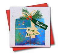 Claire Giles Greeting Cards, Happy Christmas Nephew Card, Present design xmas Greeting Card, Embellished with a Colourful Tassel