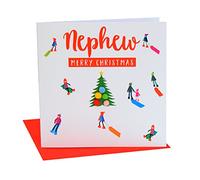 Claire Giles Greeting Cards, Happy Christmas Nephew Card, Sledgers Around a Tree Design Xmas Greeting Card, Embellished with Colourful Pompoms