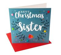Claire Giles Greeting Cards, Happy Christmas Sister Card, Pink Robin Design Xmas Greeting Card, Embellished with Colourful Pompoms