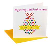 Claire Giles Greeting Cards, Happy Easter Card, Big Chocolate Filled Easter Egg Design Easter Greeting Card, Embellished with Colourful Pompoms