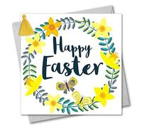 Claire Giles Greeting Cards, Happy Easter Card, Daffodil Wreath Design Easter Greeting Card, Embellished with a Colourful Tassel