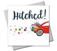 Claire Giles Greeting Cards, Wedding Card, Hitched! Car, Just Married, Embellished with colourful pompoms