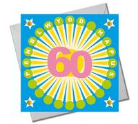 Claire Giles Greeting Cards, Welsh Age 60 Birthday Card, Happy 60th Birthday, Sunshine design and Embellished with pompoms