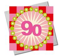 Claire Giles Greeting Cards, Welsh Age 90 Birthday Card, Happy 90th Birthday, Starburst design and Embellished with pompoms