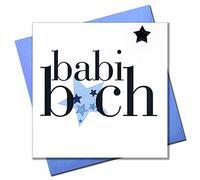 Claire Giles Greeting Cards, Welsh Baby Card, Babi Bach, Baby Boy Silver Star Design Congratulations Birth Card, Embellished with a Padded Star