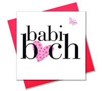 Claire Giles Greeting Cards, Welsh Baby Card, Babi Bach, Baby Girl Pink Heart Congratulations Card, Embellished with a Fabric Butterfly