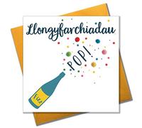 Claire Giles Greeting Cards, Welsh Congratulations Card, Llongyfarchiadau, Pop Fizz Design Well Done Greeting Card, Pompom Embellished