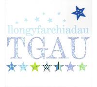 Claire Giles Greeting Cards, Welsh Congratulations GCSE Card, Blue Stars design Welsh language Exam Greeting Card