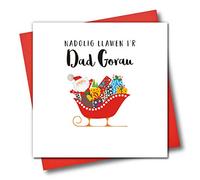 Welsh Language Embellished Christmas Greeting Card, Nadolig Llawen I'r Dad Gorau, Merry Christmas to The Best Dad, Santa and Sleigh