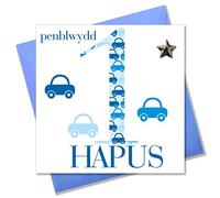 Claire Giles Greeting Cards, Welsh Happy 1st Birthday Card, Penblwydd Hapus, Age 1 Blue Boy Birthday Greeting Card, Embellished with a padded star