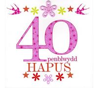 Claire Giles Greeting Cards, Welsh Happy 40th Birthday Card, Penblwydd Hapus, Pink Age 40 Greeting Card
