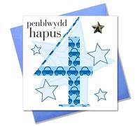 Claire Giles Greeting Cards, Welsh Happy 4th Birthday Card, Penblwydd Hapus, Age 4 Boy Blue Birthday Greeting Card, Embellished with a Padded Star
