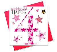 Claire Giles Greeting Cards, Welsh Happy 4th Birthday Card, Penblwydd Hapus, Age 4 Girl Pink Card, Embellished with a padded star