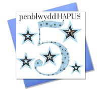 Claire Giles Greeting Cards, Welsh Happy 5th Birthday Card, Penblwydd Hapus, Blue Age 5 Boy Birthday Greeting Card, Embellished with a padded star