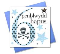 Claire Giles Greeting Cards, Welsh Happy 6th Birthday Card, Penblwydd Hapus, Age 6 Boy Blue Greeting Card, Embellished with a Padded Star