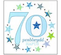 Claire Giles Greeting Cards, Welsh Happy 70th Birthday Card, Penblwydd Hapus, Blue Age 70 Birthday Greeting Cards