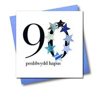 Claire Giles Greeting Cards, Welsh Happy 90th Birthday Card, Penblwydd Hapus, Blue Stars Age 90 Birthday Greeting Card, Embellished with a Padded Star