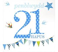 Claire Giles Greeting Cards, Welsh Happy Birthday Card, Penblwydd Hapus, Blue Age 21 Greeting Card