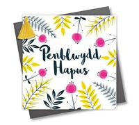 Claire Giles Greeting Cards, Welsh Happy Birthday Card, Penblwydd Hapus, Spring Flowers Design Greeting Card, Embellished with a Colourful Tassel